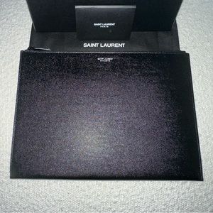 NWT Saint Laurent So Black Leather Pouch / dust bag, box, care booklet/tag NEW